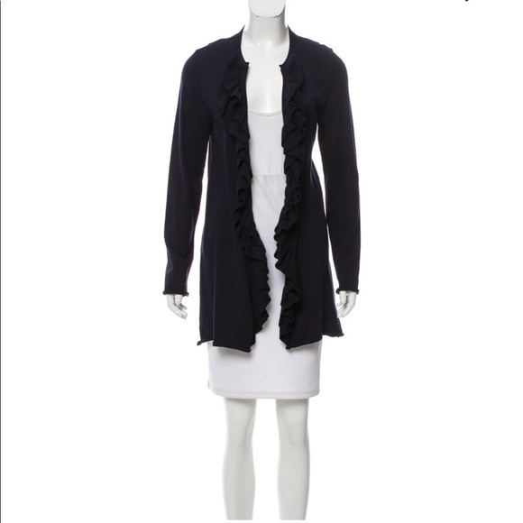 Tory Burch Wool Knit Ruffled Trim Long Cardigan - Picture 1 of 7